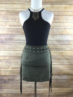 Olive Fringe Mini Skirt